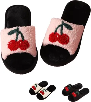 Cherry Slippers Women Slippers for Home House Bedroom Sandals Warm Fuzzy Plush Slides Flip Flop Indoor Outdoor Cherries Fruit Shoes