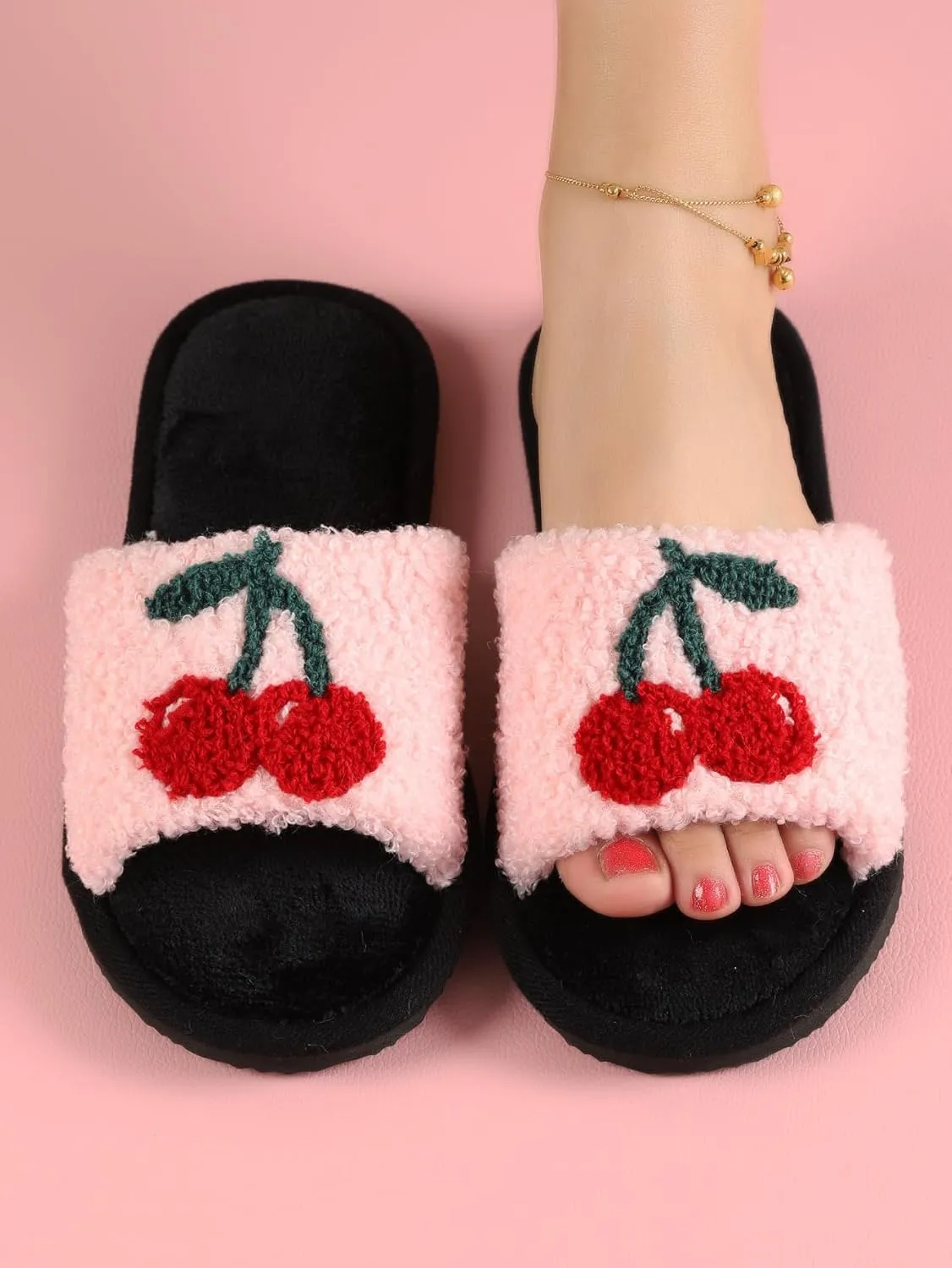 Cherry Slippers Women Slippers for Home House Bedroom Sandals Warm Fuzzy Plush Slides Flip Flop Indoor Outdoor Cherries Fruit Shoes