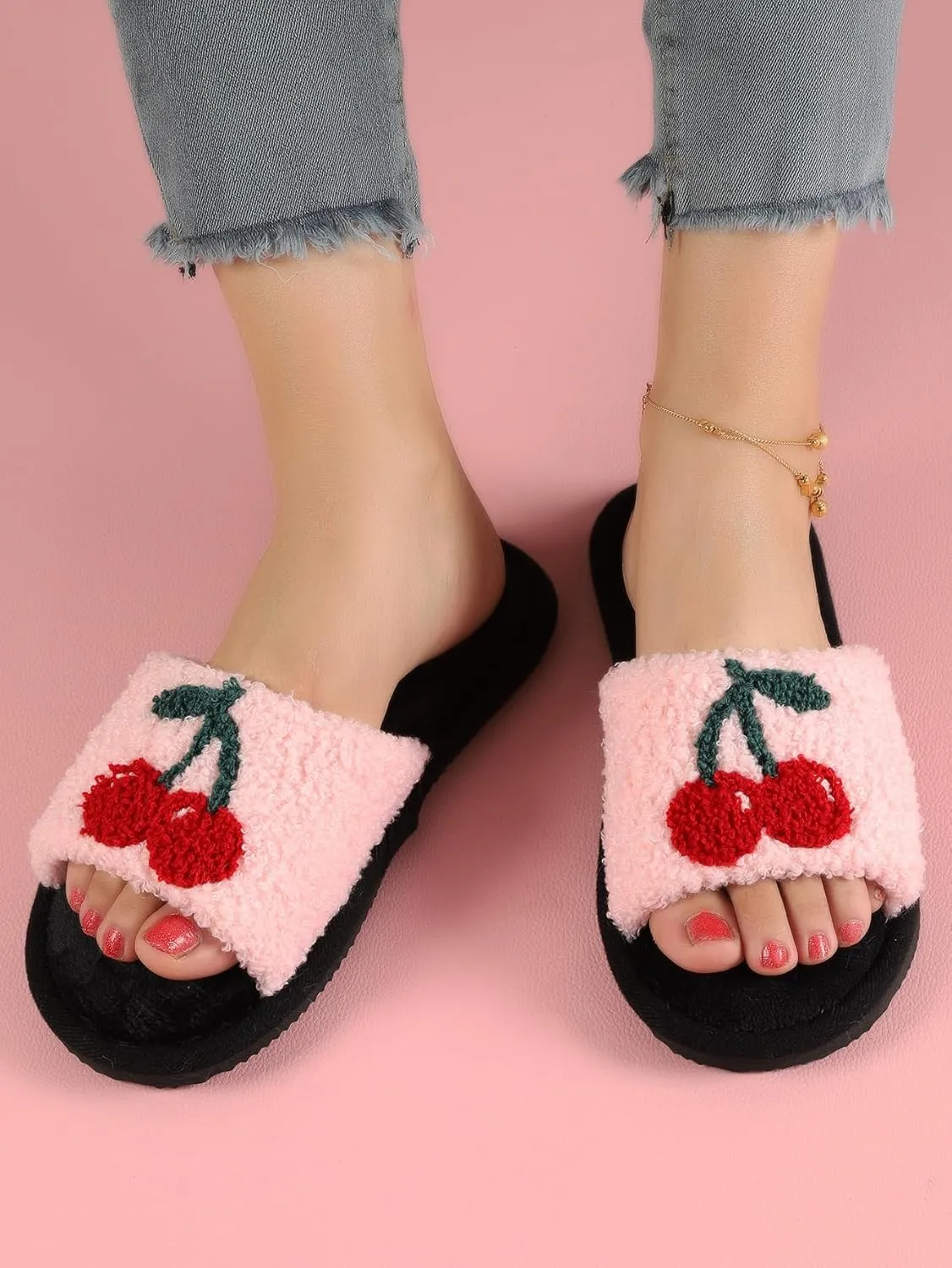 Cherry Slippers Women Slippers for Home House Bedroom Sandals Warm Fuzzy Plush Slides Flip Flop Indoor Outdoor Cherries Fruit Shoes