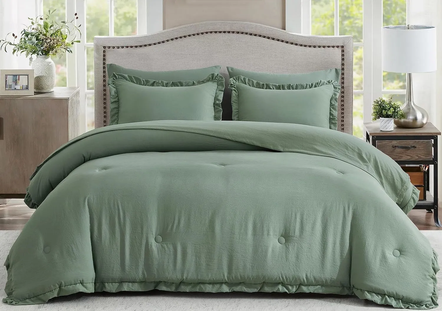 Chezmoi Collection Eleanora Queen Bed in a Bag 7-Pieces Ruffled Edge Trim Stone Washed Double Brushed Microfiber Comforter with Sheets Lightweight All Season Bedding Set (Queen, Sage Green)