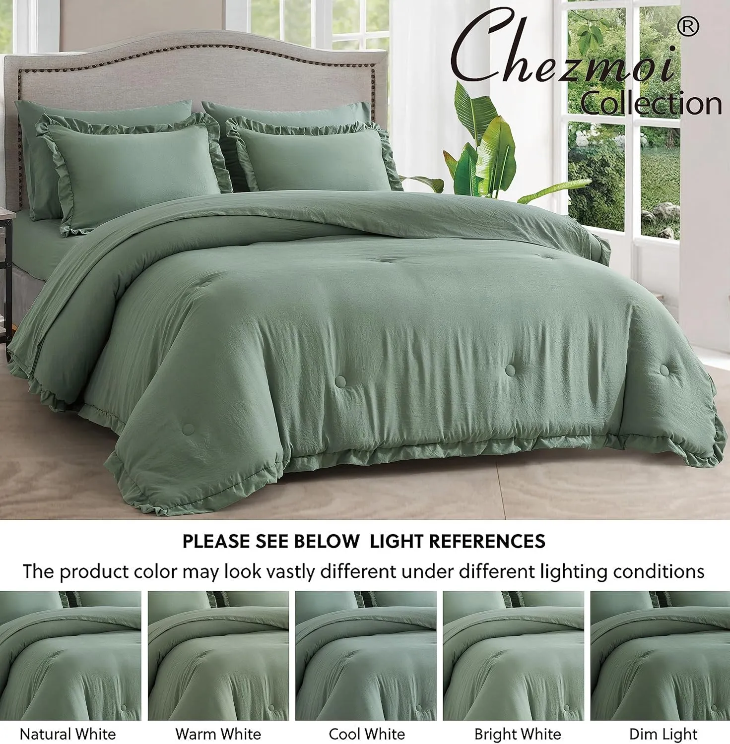 Chezmoi Collection Eleanora Queen Bed in a Bag 7-Pieces Ruffled Edge Trim Stone Washed Double Brushed Microfiber Comforter with Sheets Lightweight All Season Bedding Set (Queen, Sage Green)