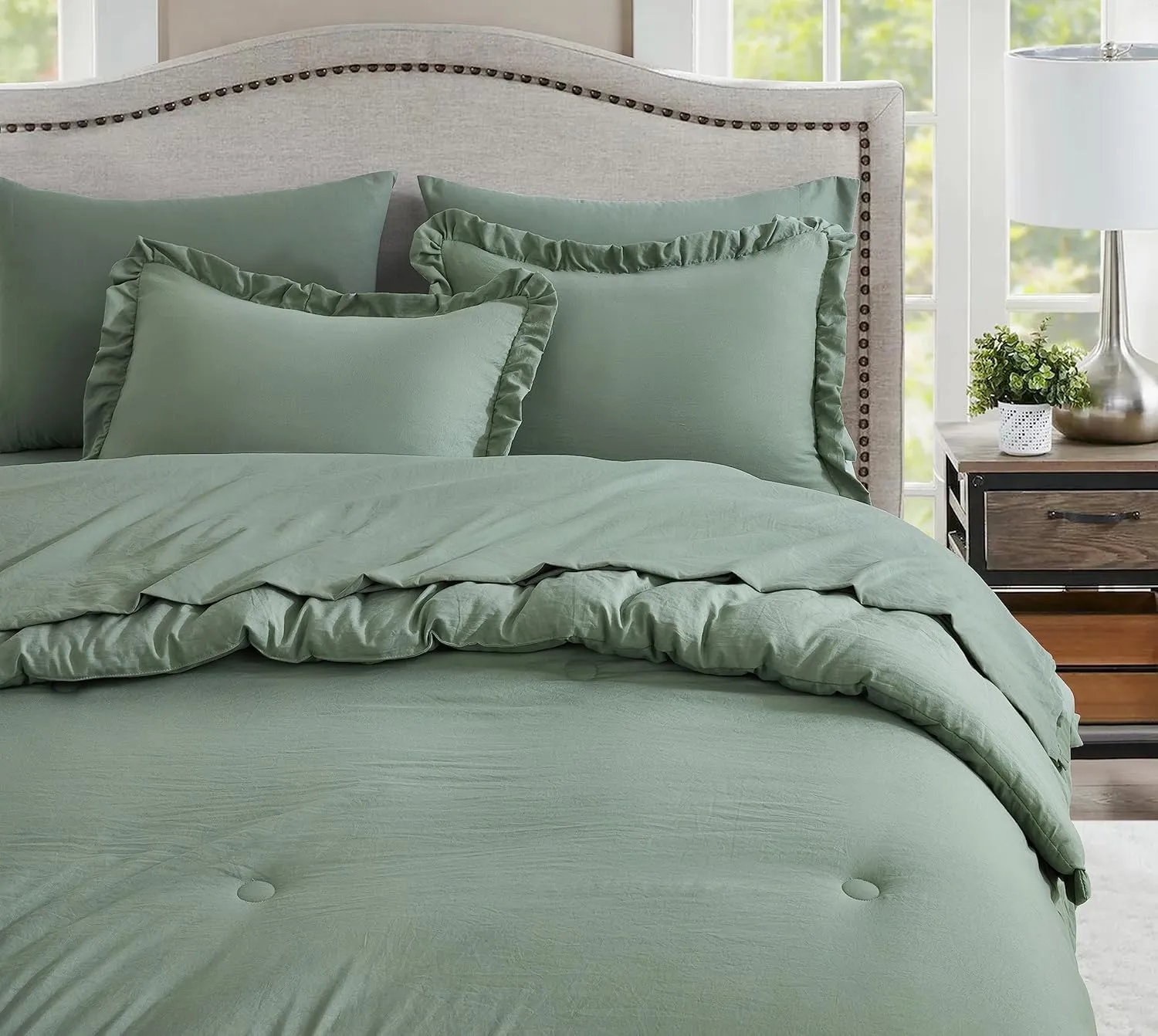 Chezmoi Collection Eleanora Queen Bed in a Bag 7-Pieces Ruffled Edge Trim Stone Washed Double Brushed Microfiber Comforter with Sheets Lightweight All Season Bedding Set (Queen, Sage Green)