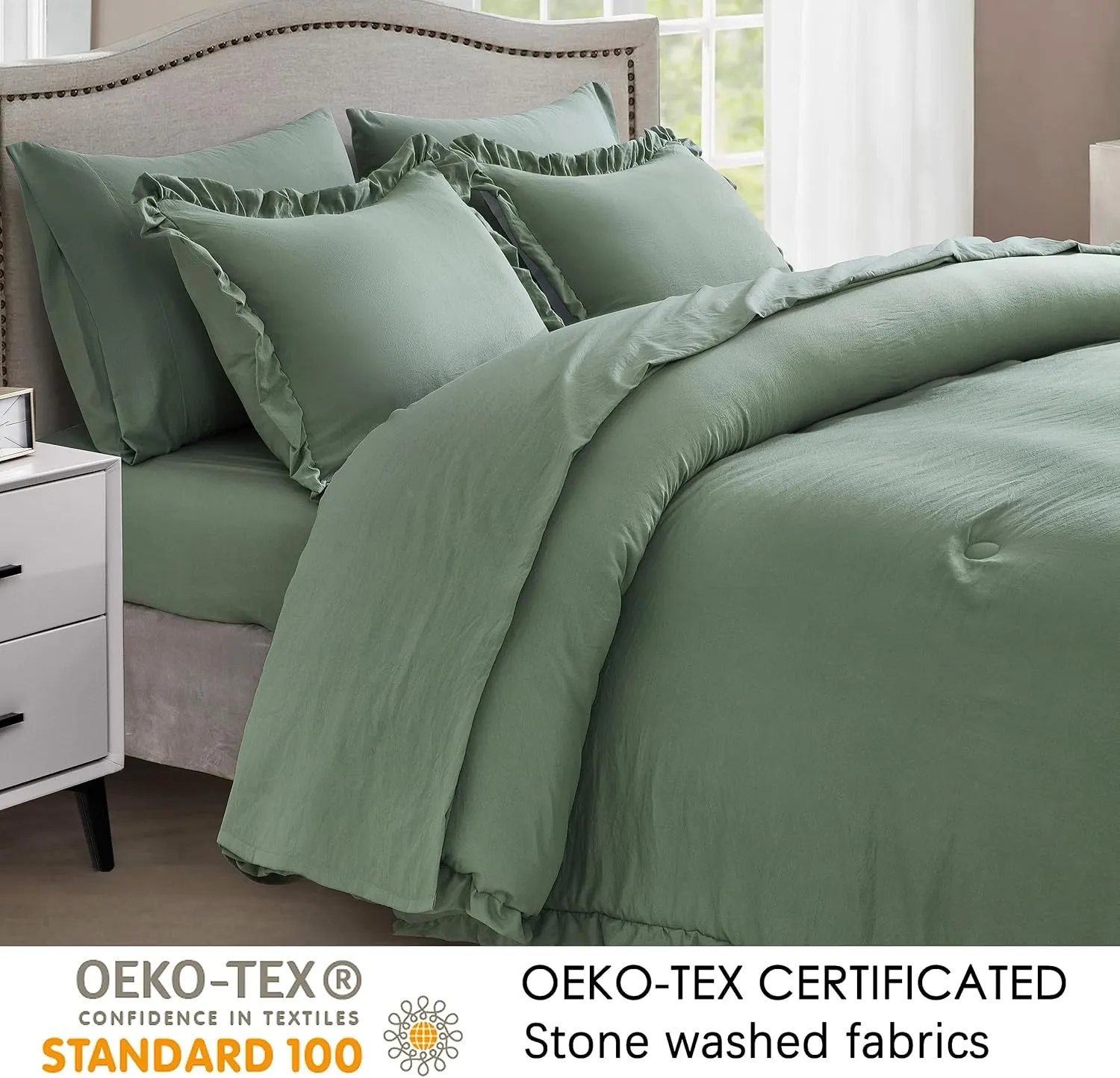 Chezmoi Collection Eleanora Queen Bed in a Bag 7-Pieces Ruffled Edge Trim Stone Washed Double Brushed Microfiber Comforter with Sheets Lightweight All Season Bedding Set (Queen, Sage Green)