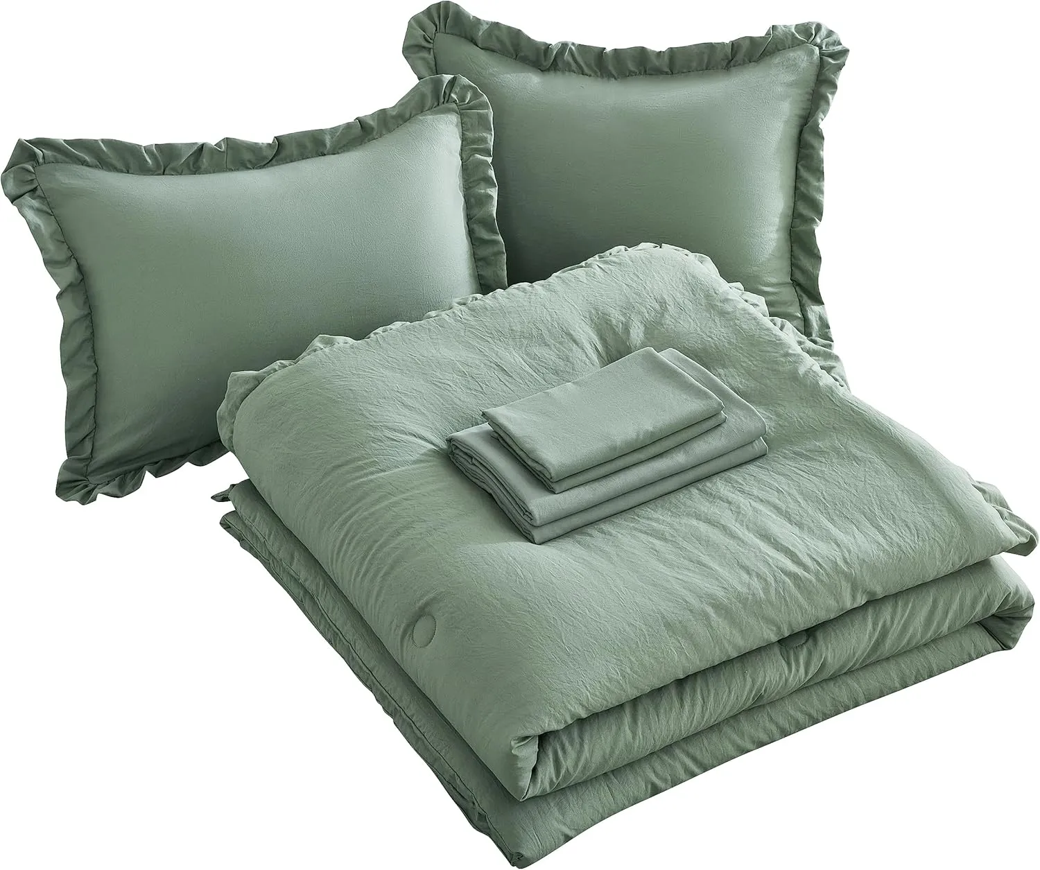 Chezmoi Collection Eleanora Queen Bed in a Bag 7-Pieces Ruffled Edge Trim Stone Washed Double Brushed Microfiber Comforter with Sheets Lightweight All Season Bedding Set (Queen, Sage Green)