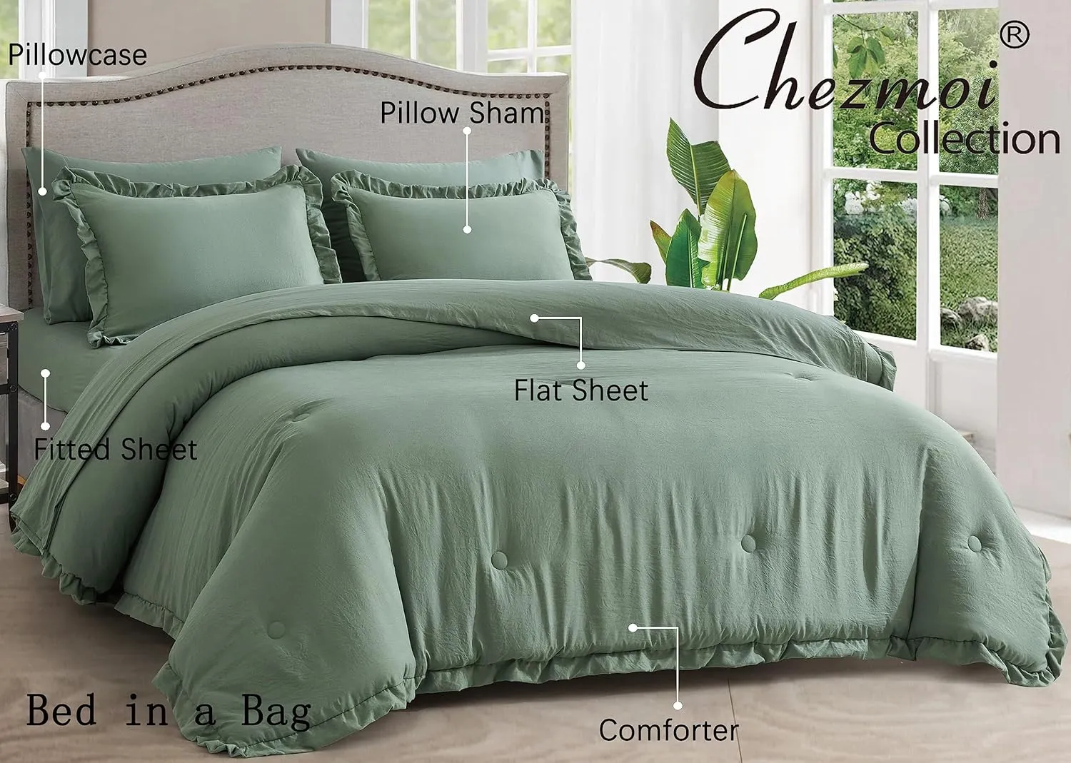 Chezmoi Collection Eleanora Queen Bed in a Bag 7-Pieces Ruffled Edge Trim Stone Washed Double Brushed Microfiber Comforter with Sheets Lightweight All Season Bedding Set (Queen, Sage Green)
