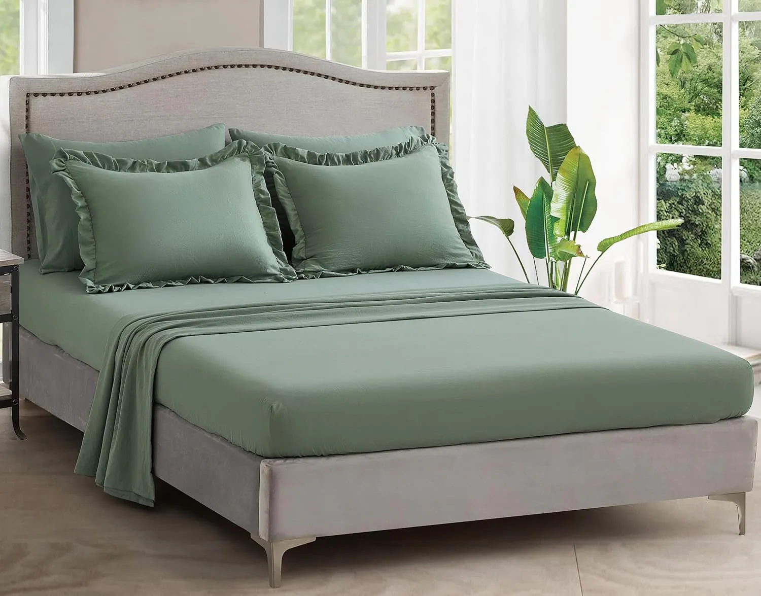 Chezmoi Collection Eleanora Queen Bed in a Bag 7-Pieces Ruffled Edge Trim Stone Washed Double Brushed Microfiber Comforter with Sheets Lightweight All Season Bedding Set (Queen, Sage Green)