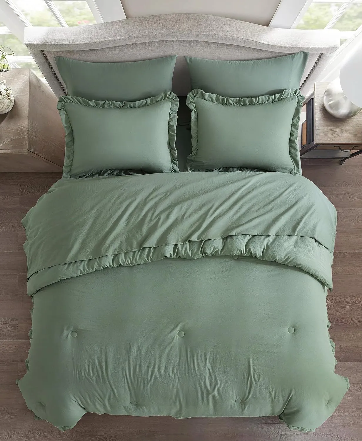 Chezmoi Collection Eleanora Queen Bed in a Bag 7-Pieces Ruffled Edge Trim Stone Washed Double Brushed Microfiber Comforter with Sheets Lightweight All Season Bedding Set (Queen, Sage Green)
