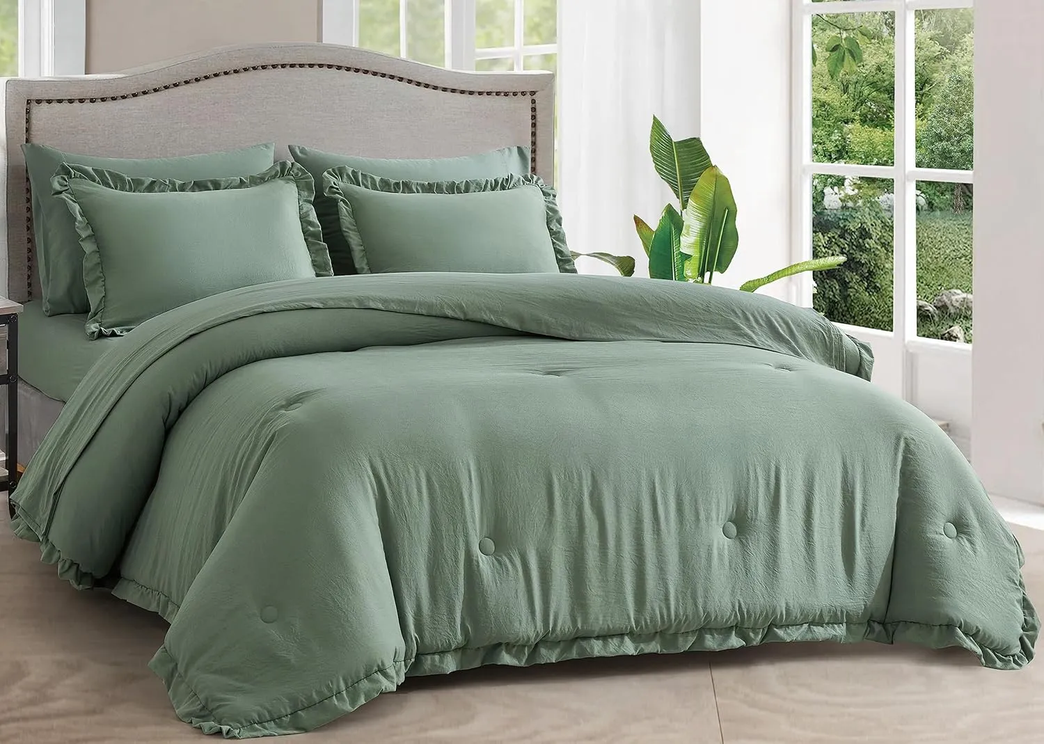 Chezmoi Collection Eleanora Queen Bed in a Bag 7-Pieces Ruffled Edge Trim Stone Washed Double Brushed Microfiber Comforter with Sheets Lightweight All Season Bedding Set (Queen, Sage Green)