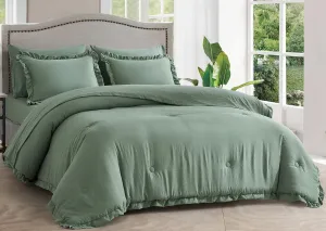 Chezmoi Collection Eleanora Queen Bed in a Bag 7-Pieces Ruffled Edge Trim Stone Washed Double Brushed Microfiber Comforter with Sheets Lightweight All Season Bedding Set (Queen, Sage Green)