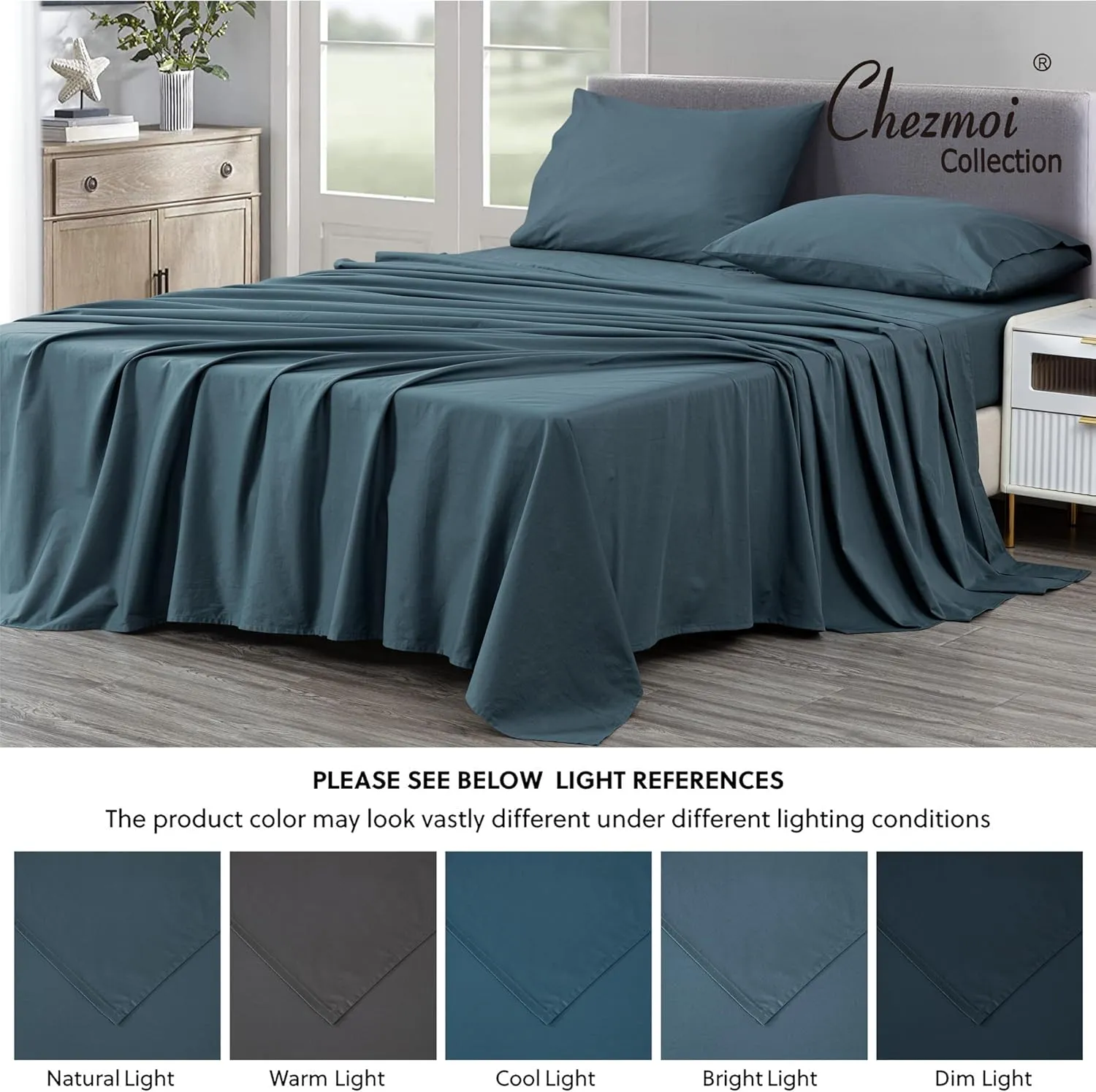 Chezmoi Collection Solid China Blue 250TC 100% Cotton Twill Bed Sheet Set King Size, 4-Piece Luxury Soft Breathable Smooth 16-Inches Deep Pocket Sheets and Pillowcases Set
