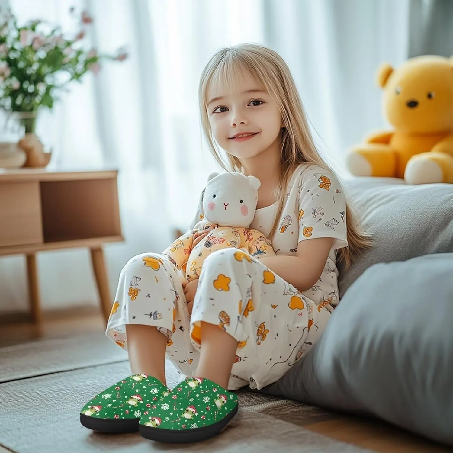 Christmas Kids Fuzzy Warm House Slippers for Girls Non Slip Rubber Sole Home Slippers for Toddlers Size 9-15