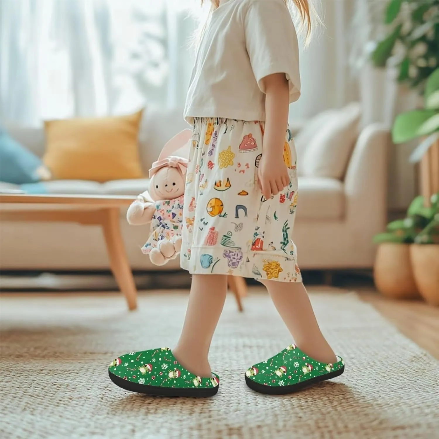 Christmas Kids Fuzzy Warm House Slippers for Girls Non Slip Rubber Sole Home Slippers for Toddlers Size 9-15