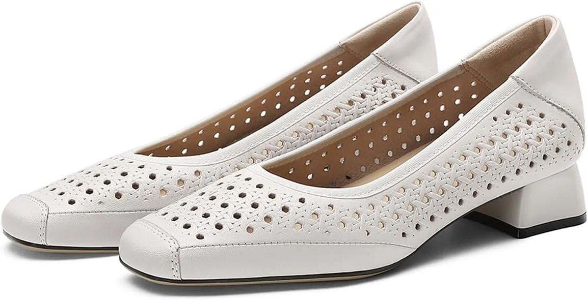 Chunky Block Low Heels for Women Square Closed Toe Comfortable Woven Slip on Casual Ballet Heels Pumps