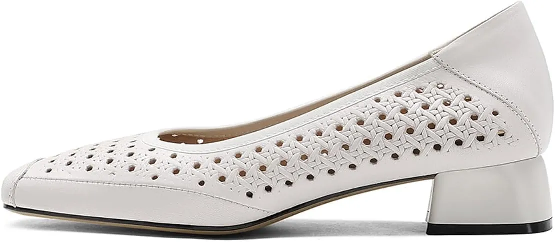 Chunky Block Low Heels for Women Square Closed Toe Comfortable Woven Slip on Casual Ballet Heels Pumps
