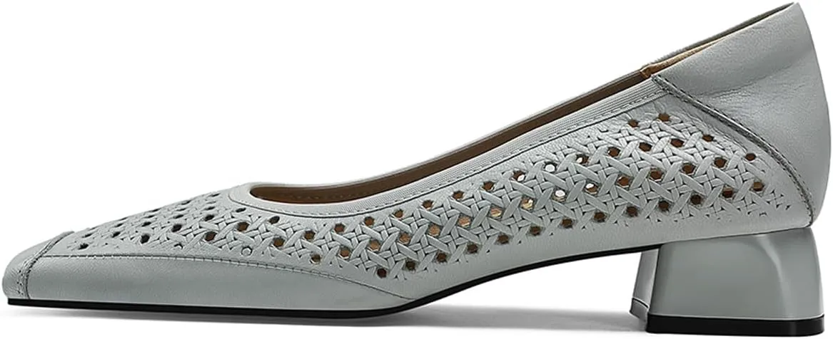 Chunky Block Low Heels for Women Square Closed Toe Comfortable Woven Slip on Casual Ballet Heels Pumps