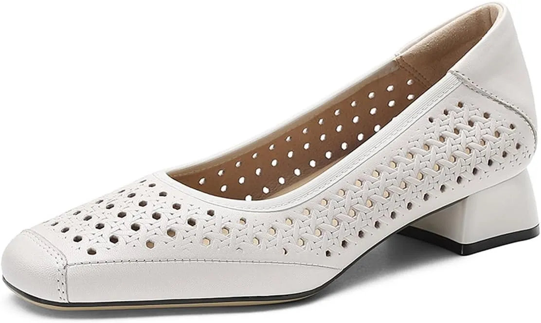 Chunky Block Low Heels for Women Square Closed Toe Comfortable Woven Slip on Casual Ballet Heels Pumps