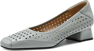 Chunky Block Low Heels for Women Square Closed Toe Comfortable Woven Slip on Casual Ballet Heels Pumps