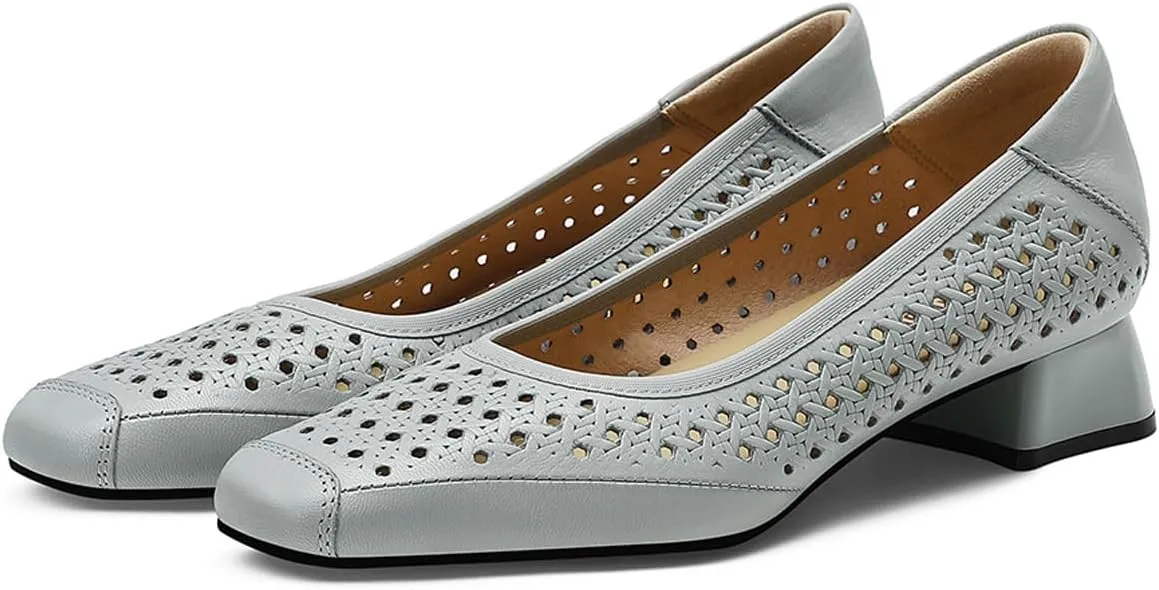 Chunky Block Low Heels for Women Square Closed Toe Comfortable Woven Slip on Casual Ballet Heels Pumps