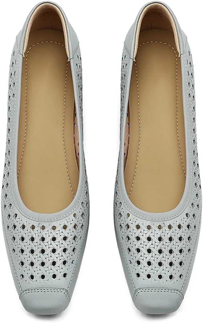 Chunky Block Low Heels for Women Square Closed Toe Comfortable Woven Slip on Casual Ballet Heels Pumps