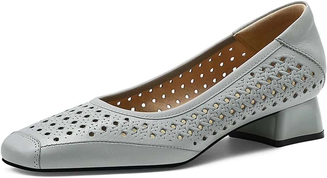 Chunky Block Low Heels for Women Square Closed Toe Comfortable Woven Slip on Casual Ballet Heels Pumps