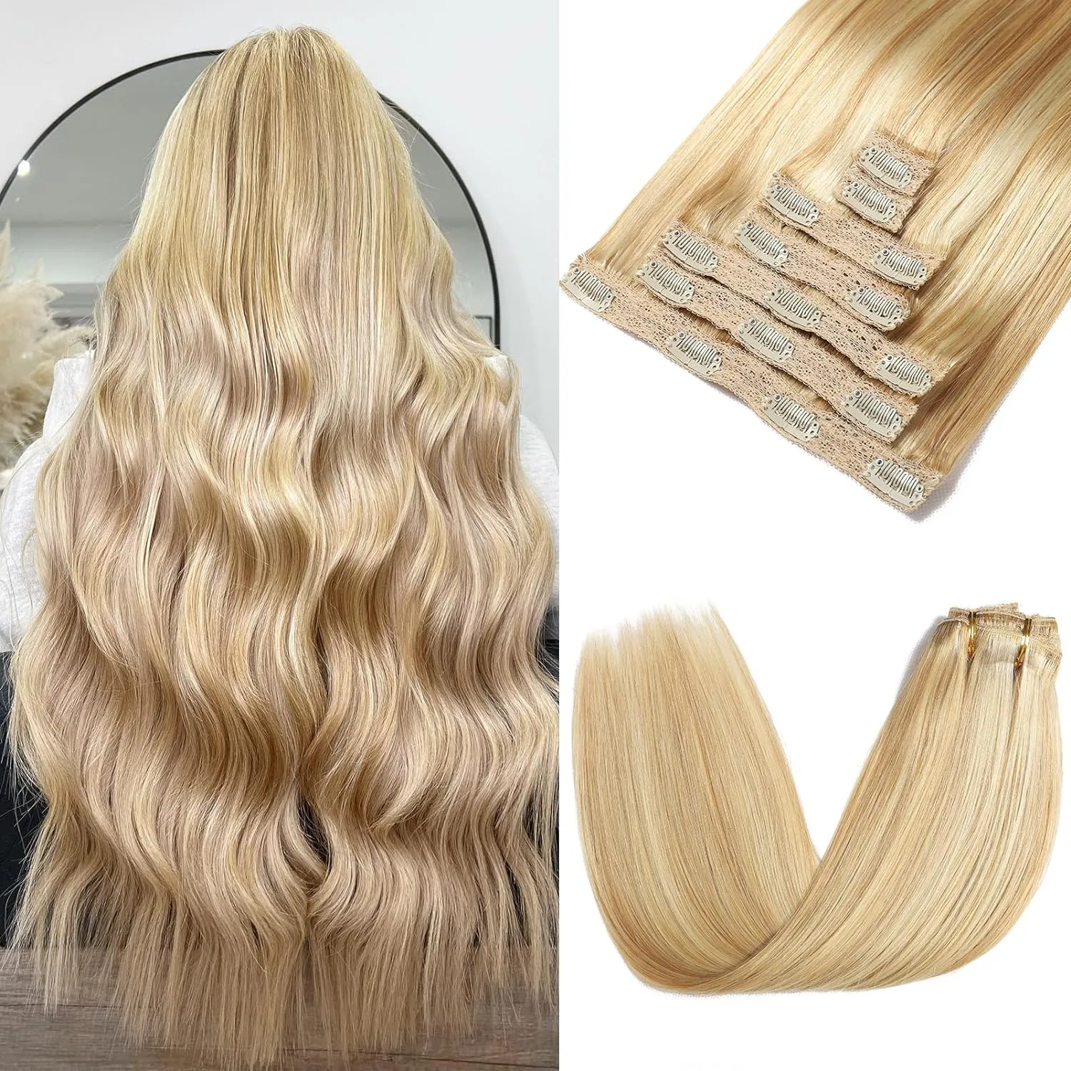 Clip in Hair Extensions Real Human Hair - 120g 22 Inch 7pcs, Dirty Blonde to Bleach Blonde Highlight - Soft Remy Hair Extensions Real Human Hair Clip ins for Women (22 Inch)
