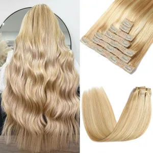 Clip in Hair Extensions Real Human Hair - 120g 22 Inch 7pcs, Dirty Blonde to Bleach Blonde Highlight - Soft Remy Hair Extensions Real Human Hair Clip ins for Women (22 Inch)