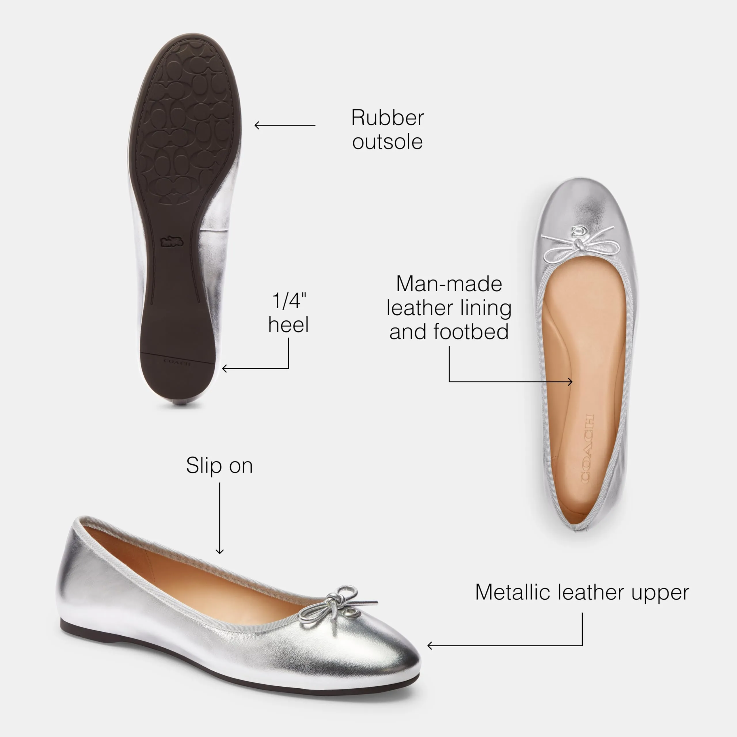 Coach Women's Abigail Metallic Leather Ballet Flat, Silver, 11