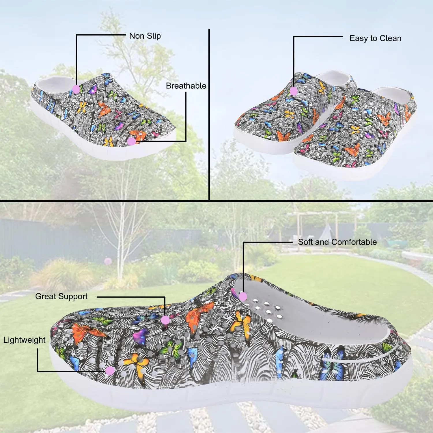 Comfort Trends Slip-On Casual Medical EVA Clogs, Colorful Butterfly Womens' Comfort Ventilated Breathable Everyday Shoes Garden EVA Clogs
