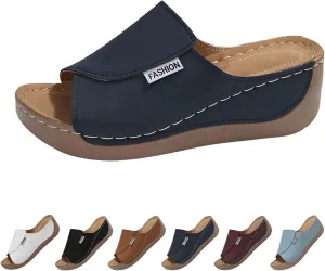 Comfortable Arch Support Slides with Solid Color, 2025 New Sandals for Women Breathable Summer Orthotic Leather Platform Wedge Sandals Slip on Women All Day Walking Casual Flip Flops