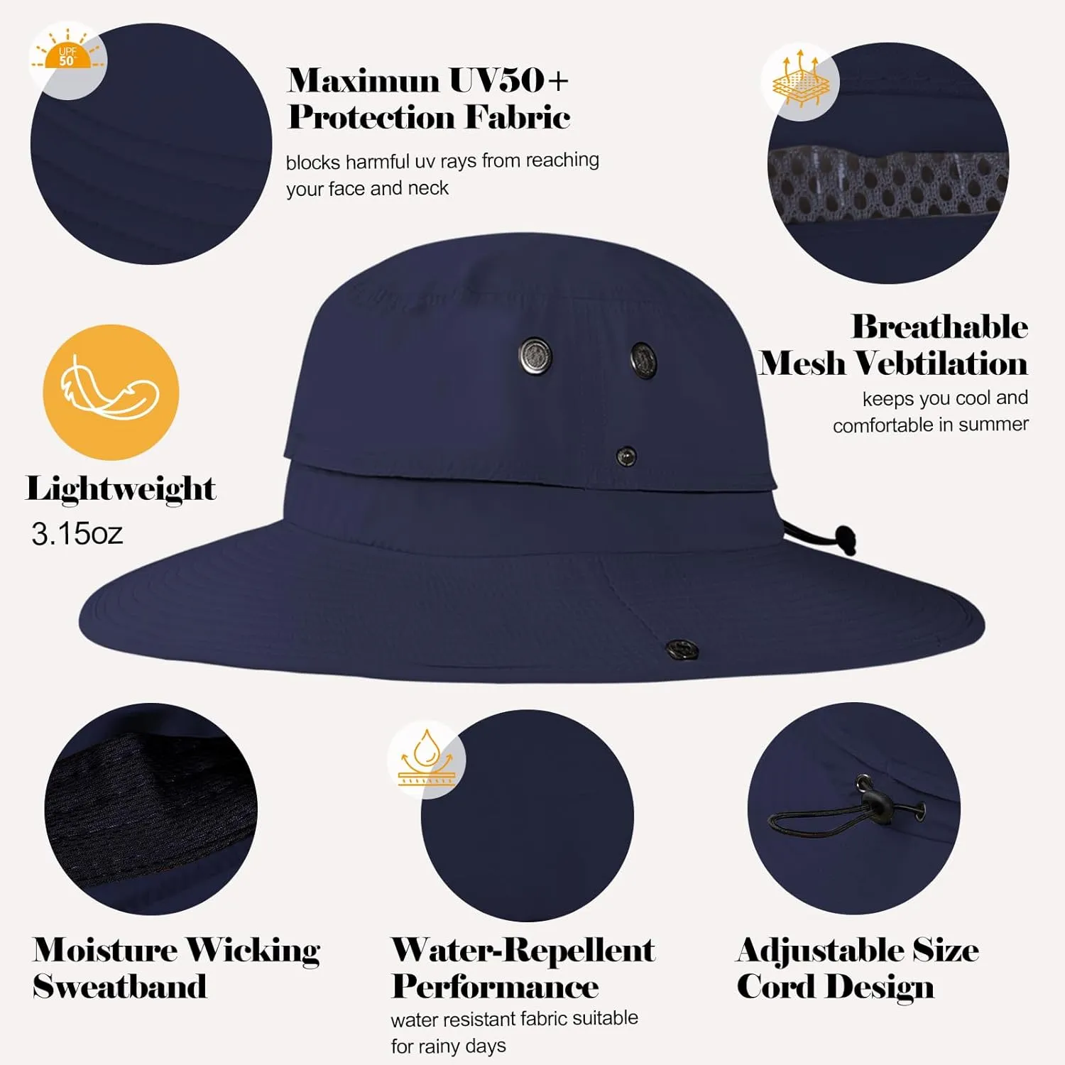 Cooling Bucket Hat UPF 50  Wide Brim Sun Hat for Women Men Lightweight Foldable Summer Hiking Fishing Hat Detachable Strap