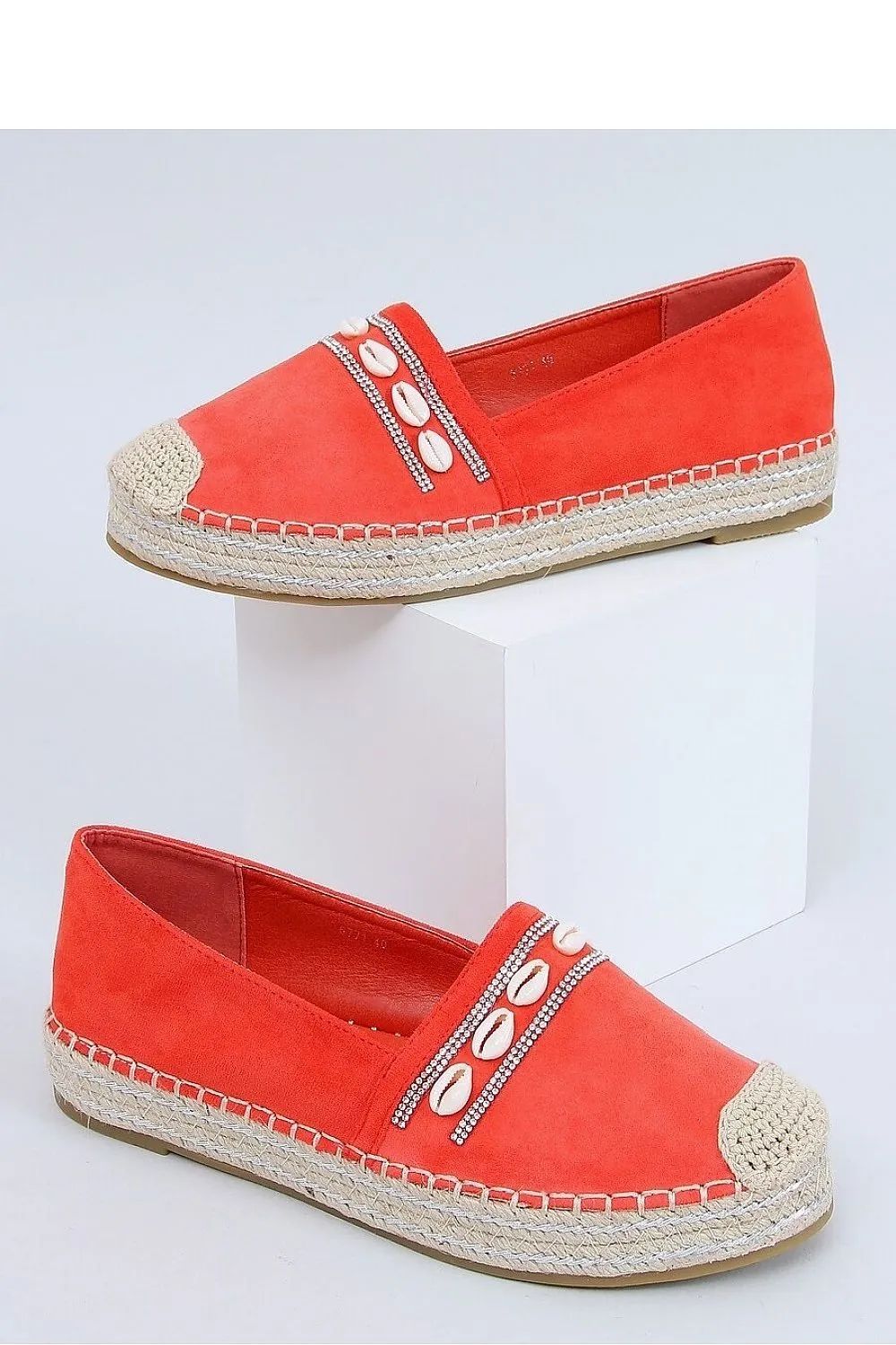 Coral Orange Espadrilles with Cowrie Shell and Crystal Detail