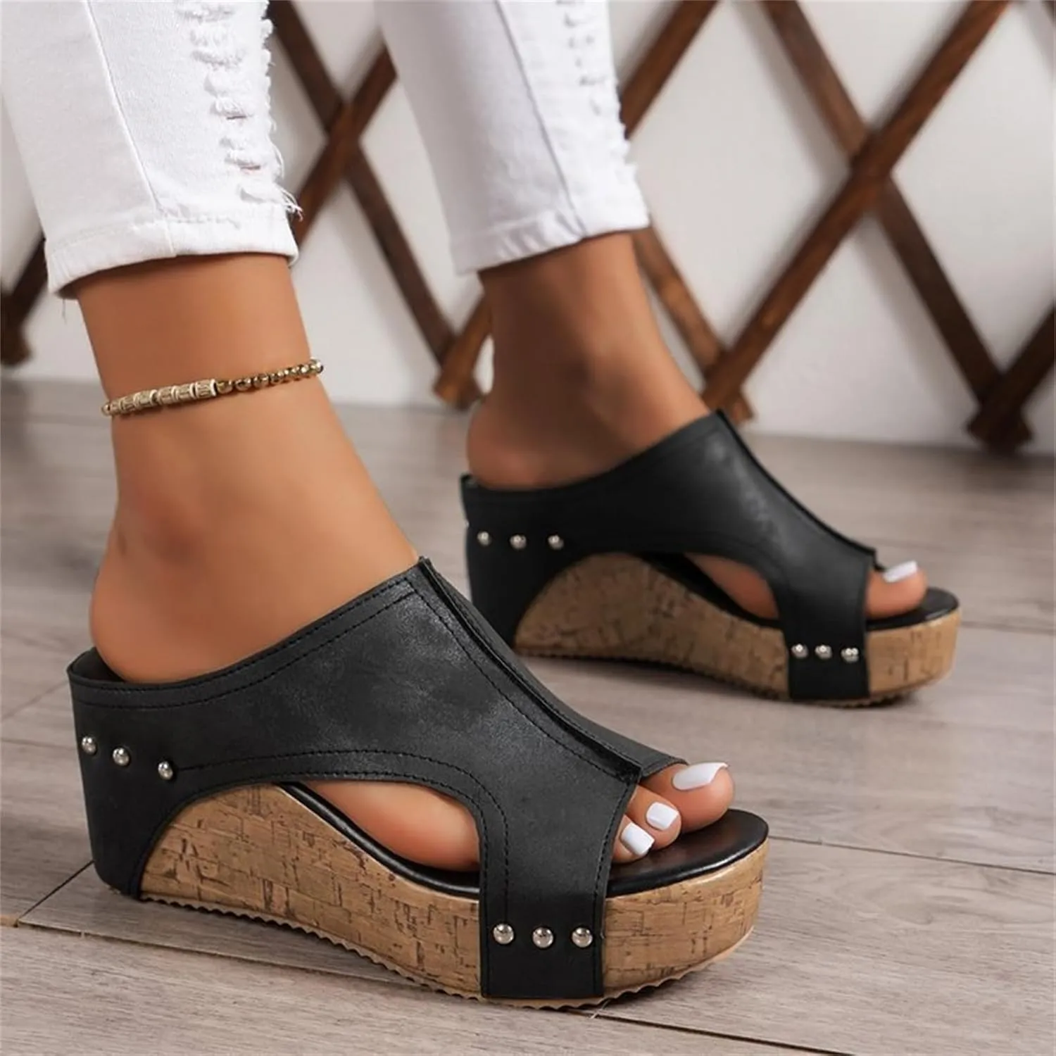 Cork Wedges & Platform Slides,Women's Thick Sole Comfy Leather Wedge Non-slip Summer Sandals,cork wedge sandal