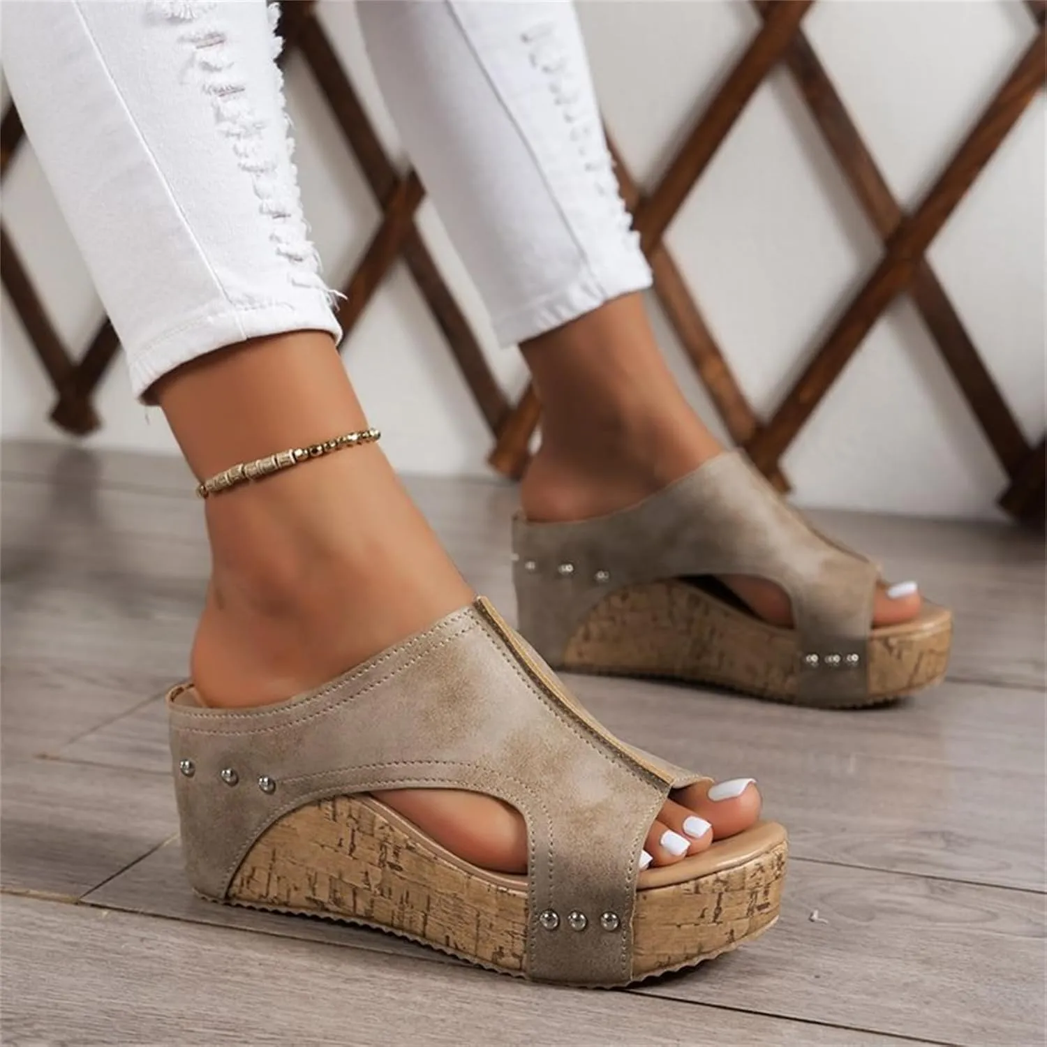 Cork Wedges & Platform Slides,Women's Thick Sole Comfy Leather Wedge Non-slip Summer Sandals,cork wedge sandal