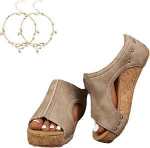 Cork Wedges & Platform Slides,Women's Thick Sole Comfy Leather Wedge Non-slip Summer Sandals,cork wedge sandal