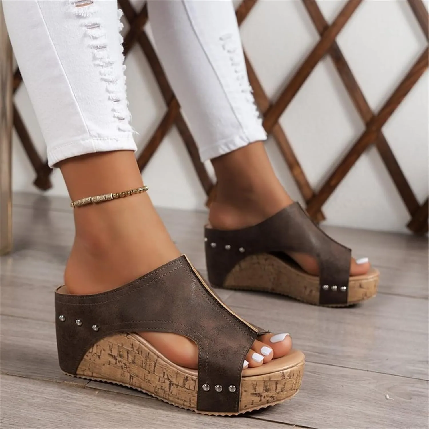 Cork Wedges & Platform Slides,Women's Thick Sole Comfy Leather Wedge Non-slip Summer Sandals,cork wedge sandal
