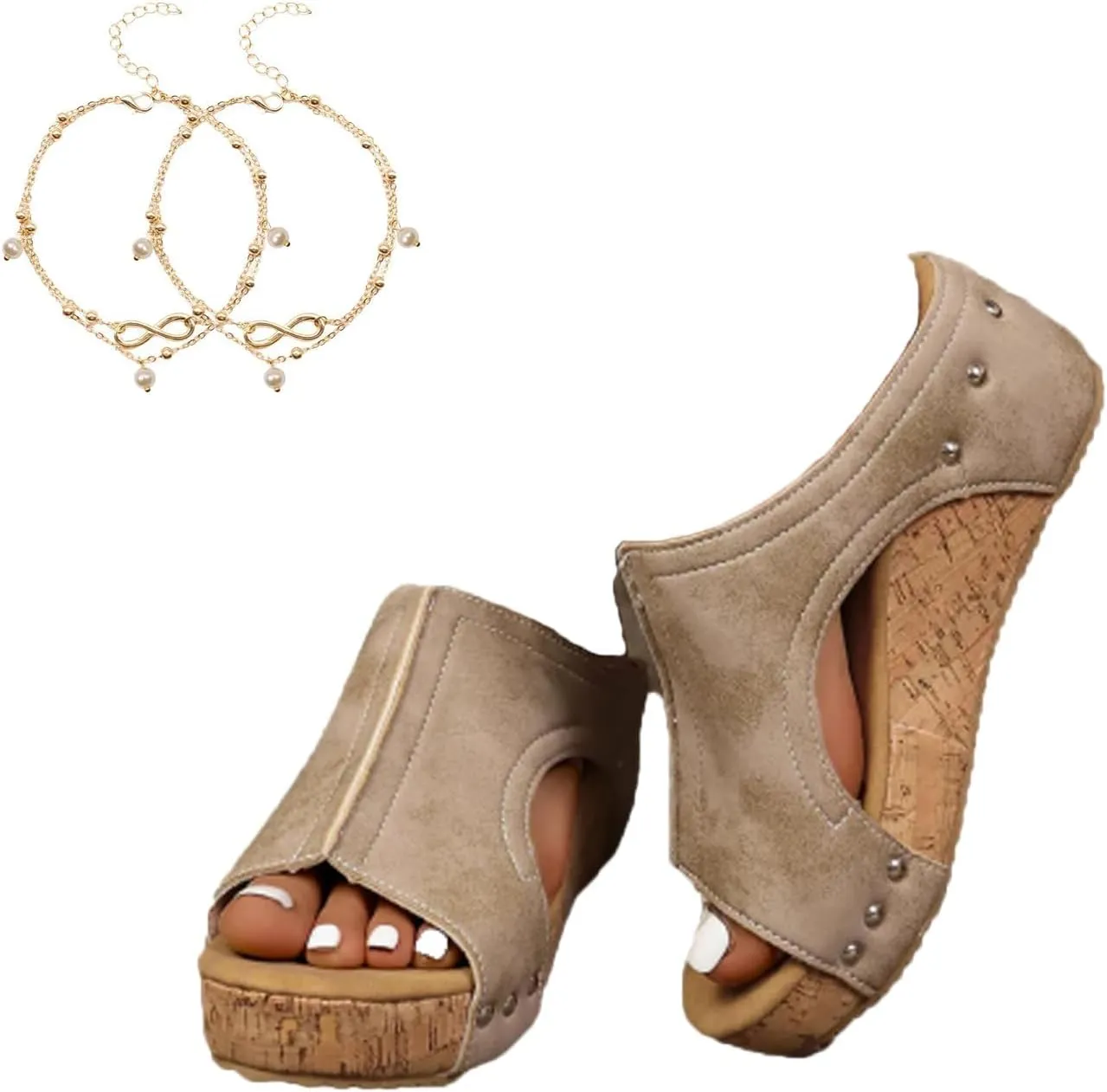 Cork Wedges & Platform Slides,Women's Thick Sole Comfy Leather Wedge Non-slip Summer Sandals,cork wedge sandal