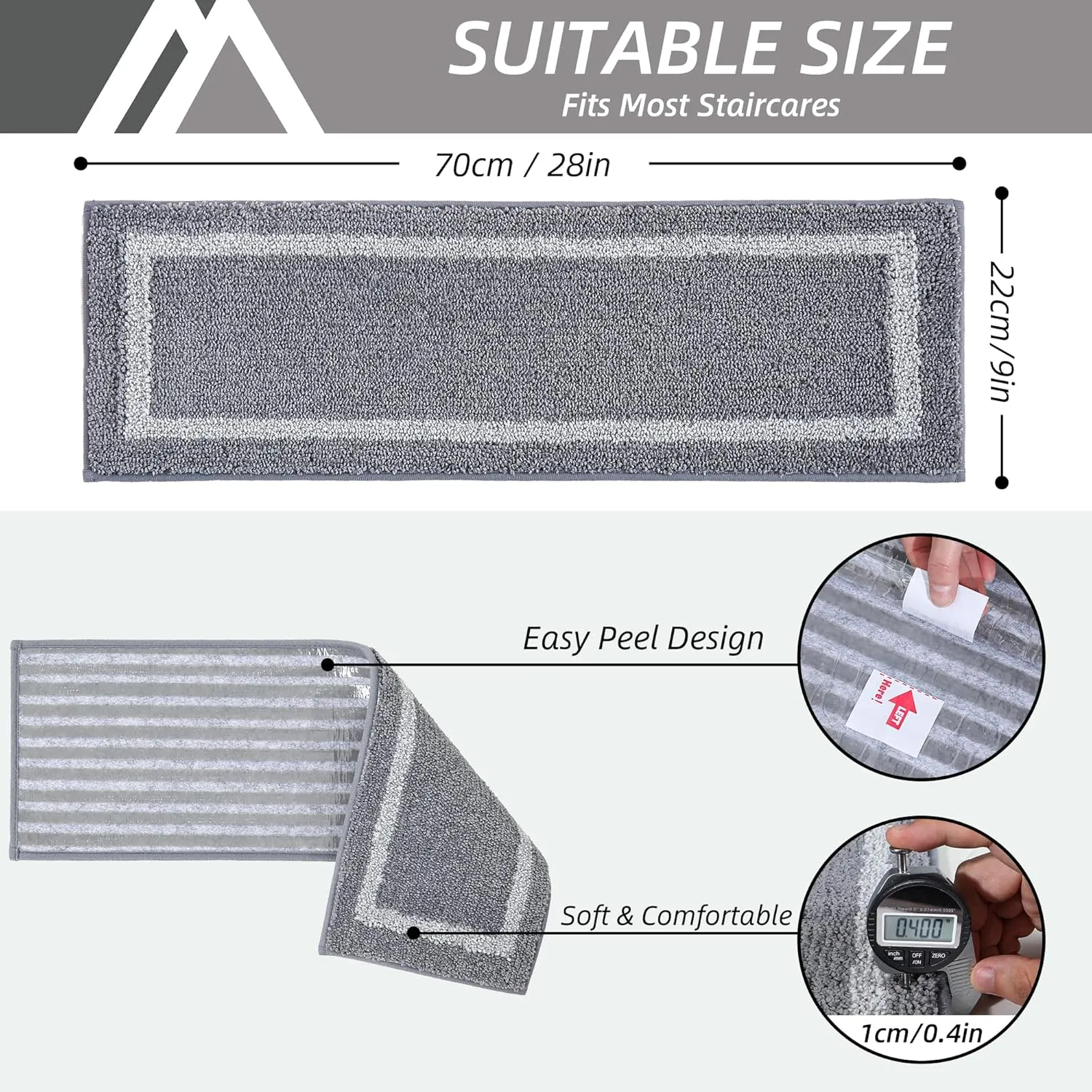 COSY HOMEER Soft Stair Treads Non-Slip Carpet Mat 28inX9in Indoor Stair Runners for Wooden Steps, Stair Rugs for Kids and Dogs, 100% Polyester TPE Backing 7pcs,Grey,Square