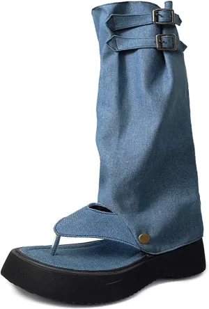 CouieCuies Thong Sandals Denim Clip Toe Sandals Boots Detachable Snap-off Shaft Summer Casual Beach Flip Flop