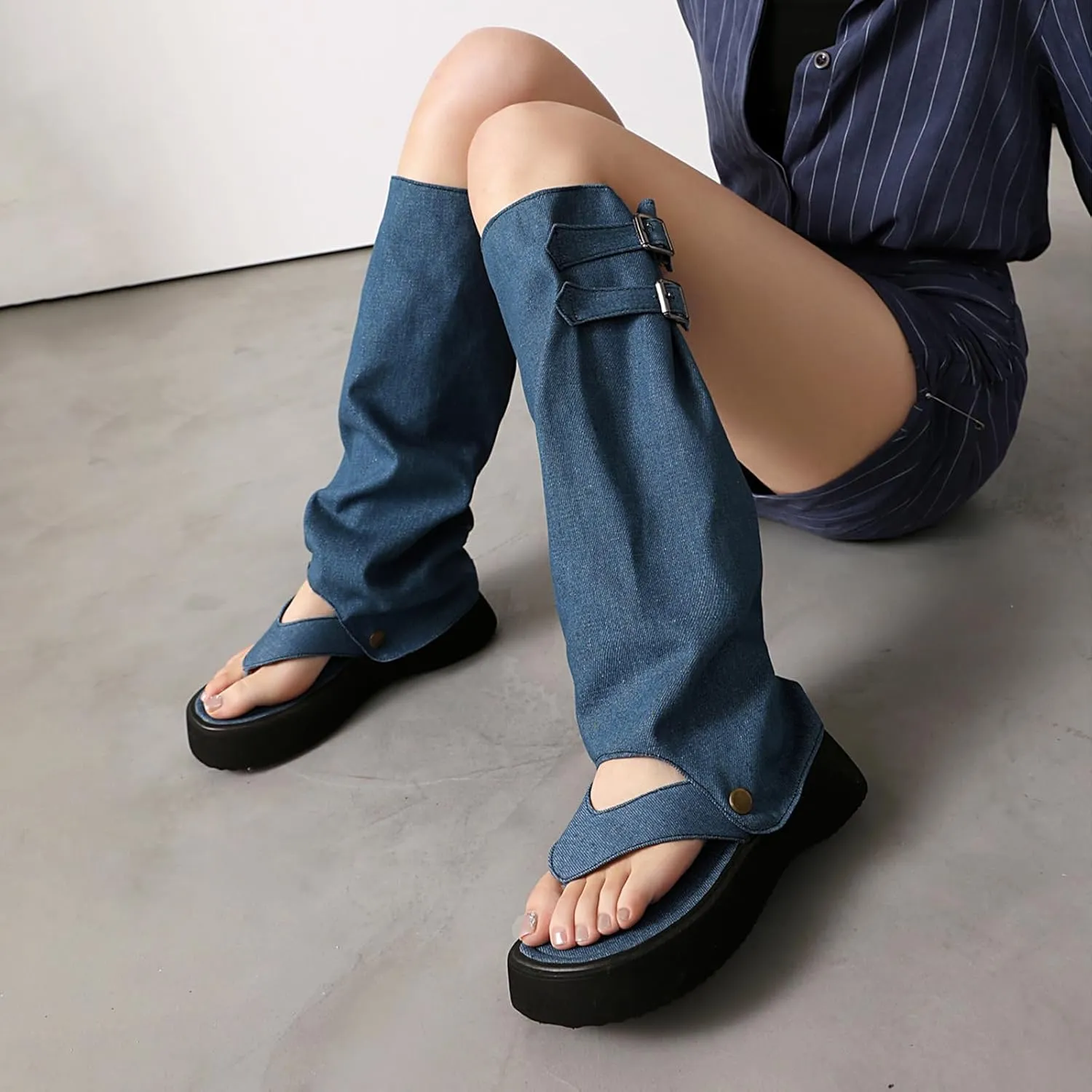 CouieCuies Thong Sandals Denim Clip Toe Sandals Boots Detachable Snap-off Shaft Summer Casual Beach Flip Flop