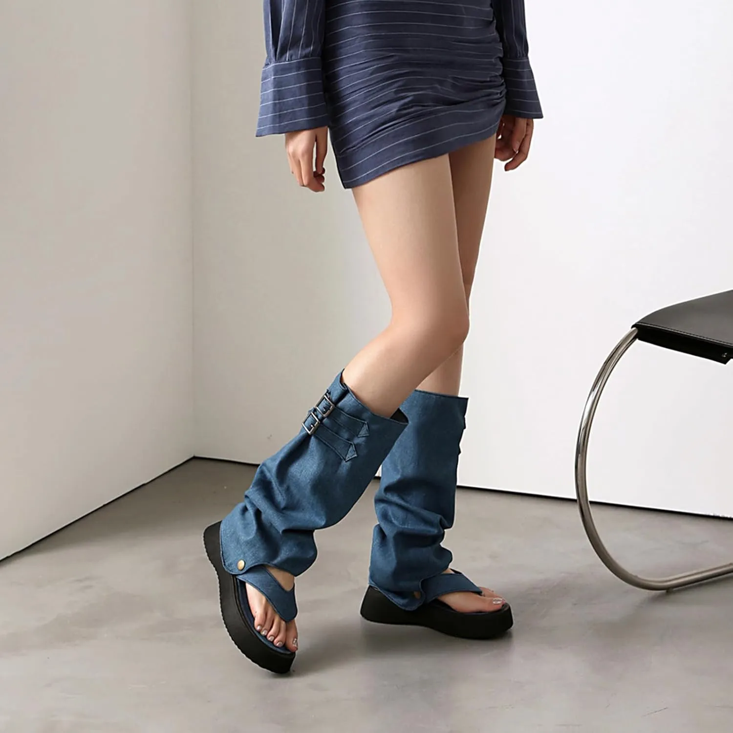 CouieCuies Thong Sandals Denim Clip Toe Sandals Boots Detachable Snap-off Shaft Summer Casual Beach Flip Flop