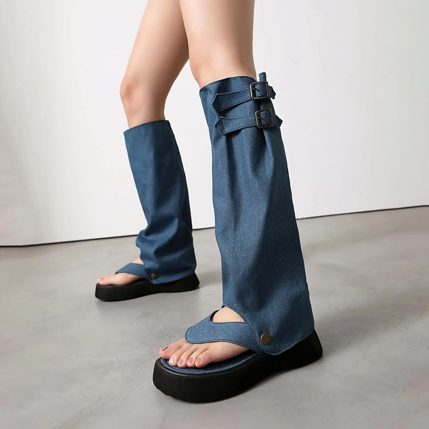 CouieCuies Thong Sandals Denim Clip Toe Sandals Boots Detachable Snap-off Shaft Summer Casual Beach Flip Flop
