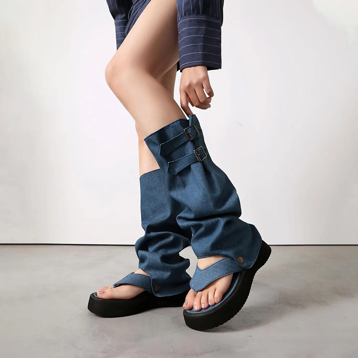 CouieCuies Thong Sandals Denim Clip Toe Sandals Boots Detachable Snap-off Shaft Summer Casual Beach Flip Flop