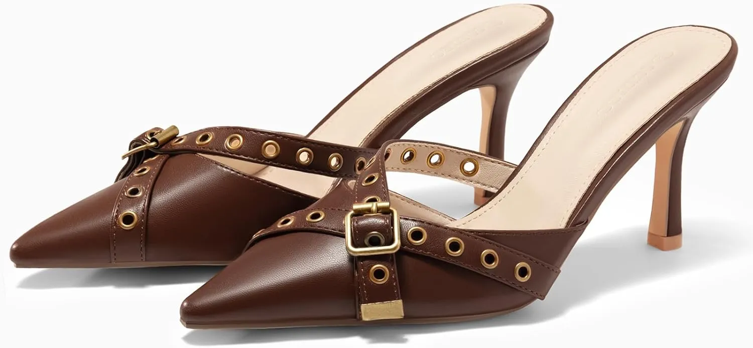 Coutgo Womens High Heels Mules Studded Slip On Mule Sandals Backless Buckle Dress Shoes Closed Pointed Toe Pumps