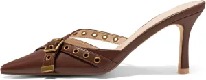 Coutgo Womens High Heels Mules Studded Slip On Mule Sandals Backless Buckle Dress Shoes Closed Pointed Toe Pumps