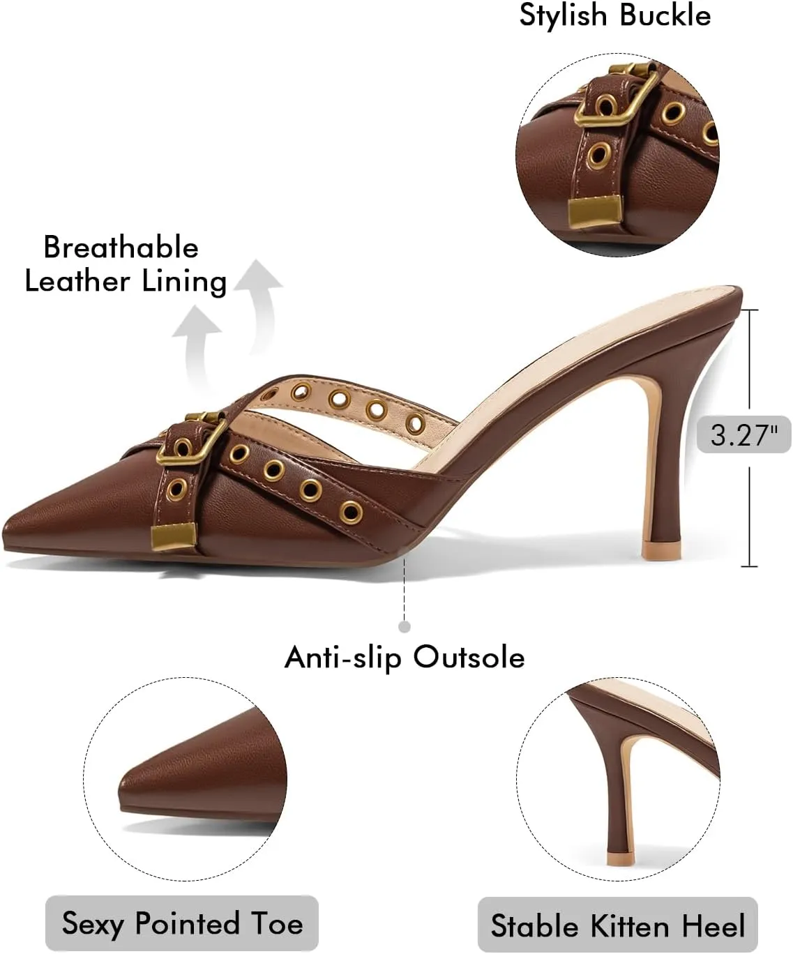 Coutgo Womens High Heels Mules Studded Slip On Mule Sandals Backless Buckle Dress Shoes Closed Pointed Toe Pumps