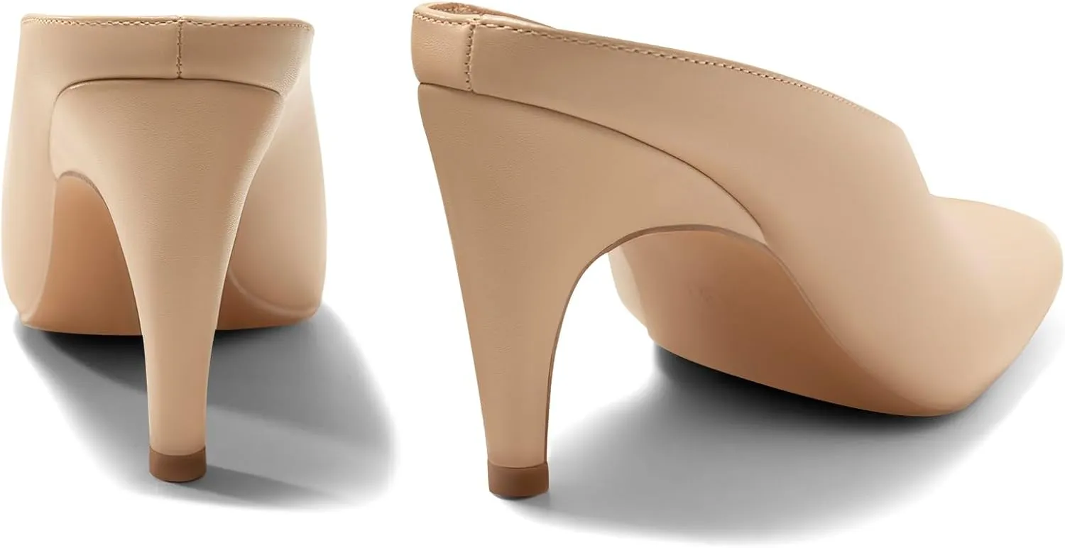 Coutgo Womens Kitten Heels Mules Open Peep Toe Slide Sandals Slip On Summer Dress Shoes