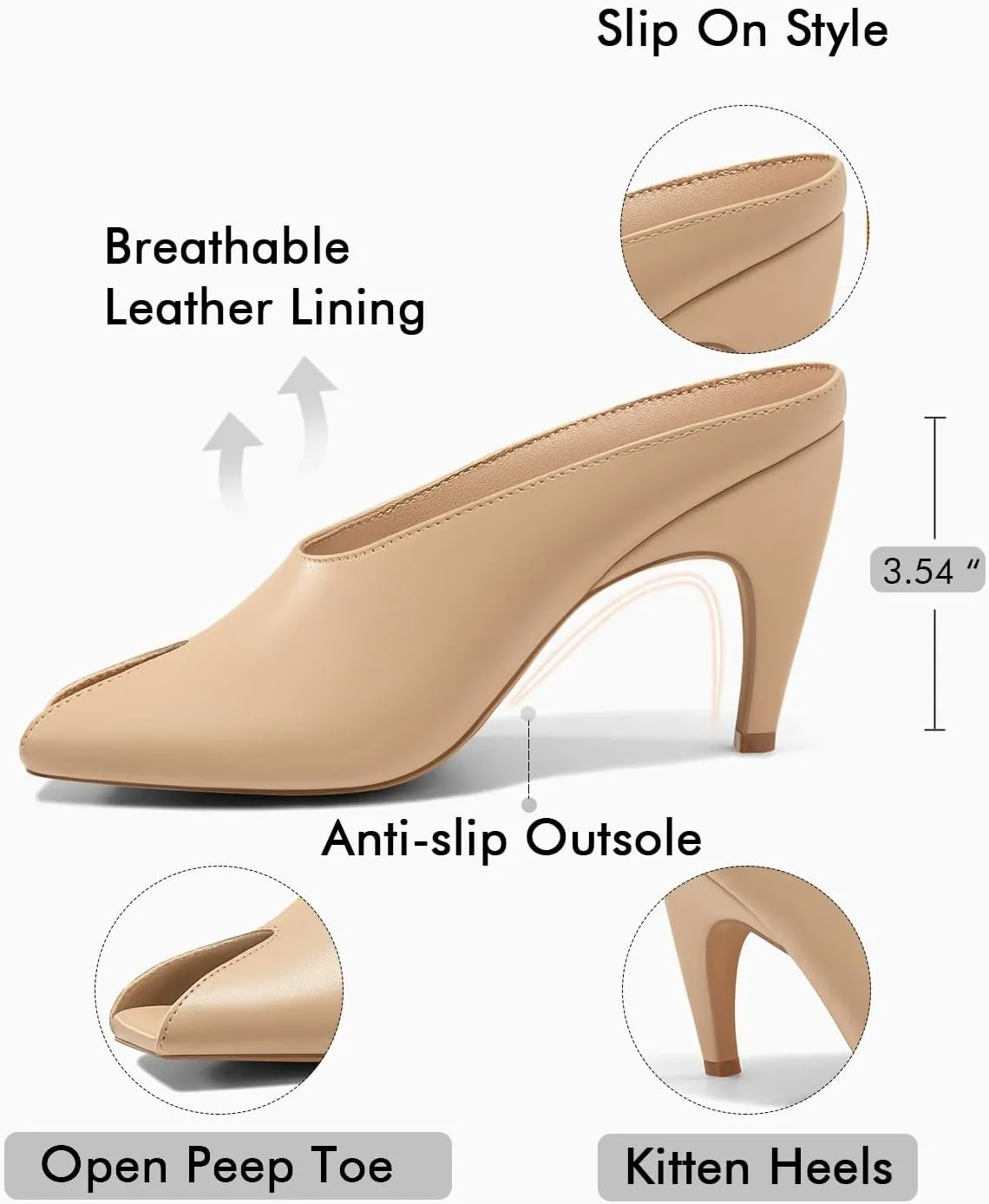 Coutgo Womens Kitten Heels Mules Open Peep Toe Slide Sandals Slip On Summer Dress Shoes