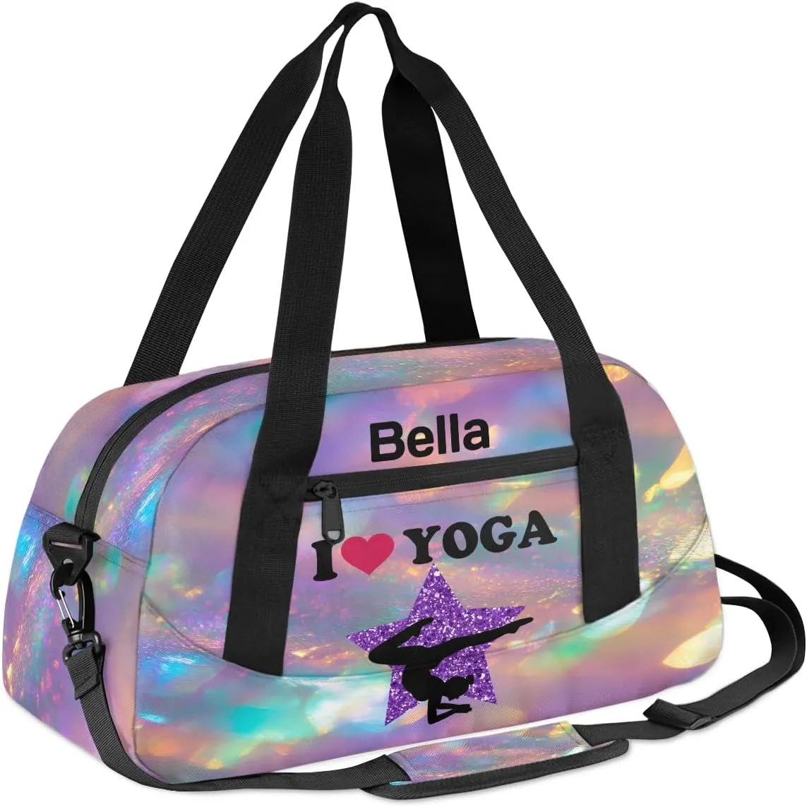 Custom Kids Sports Duffel Bag Iridexcent Glitter Love Yoga Personalized Dance Gym Bag for Boys Girls Lightweight Weekender Travel Duffle Cheer Bag