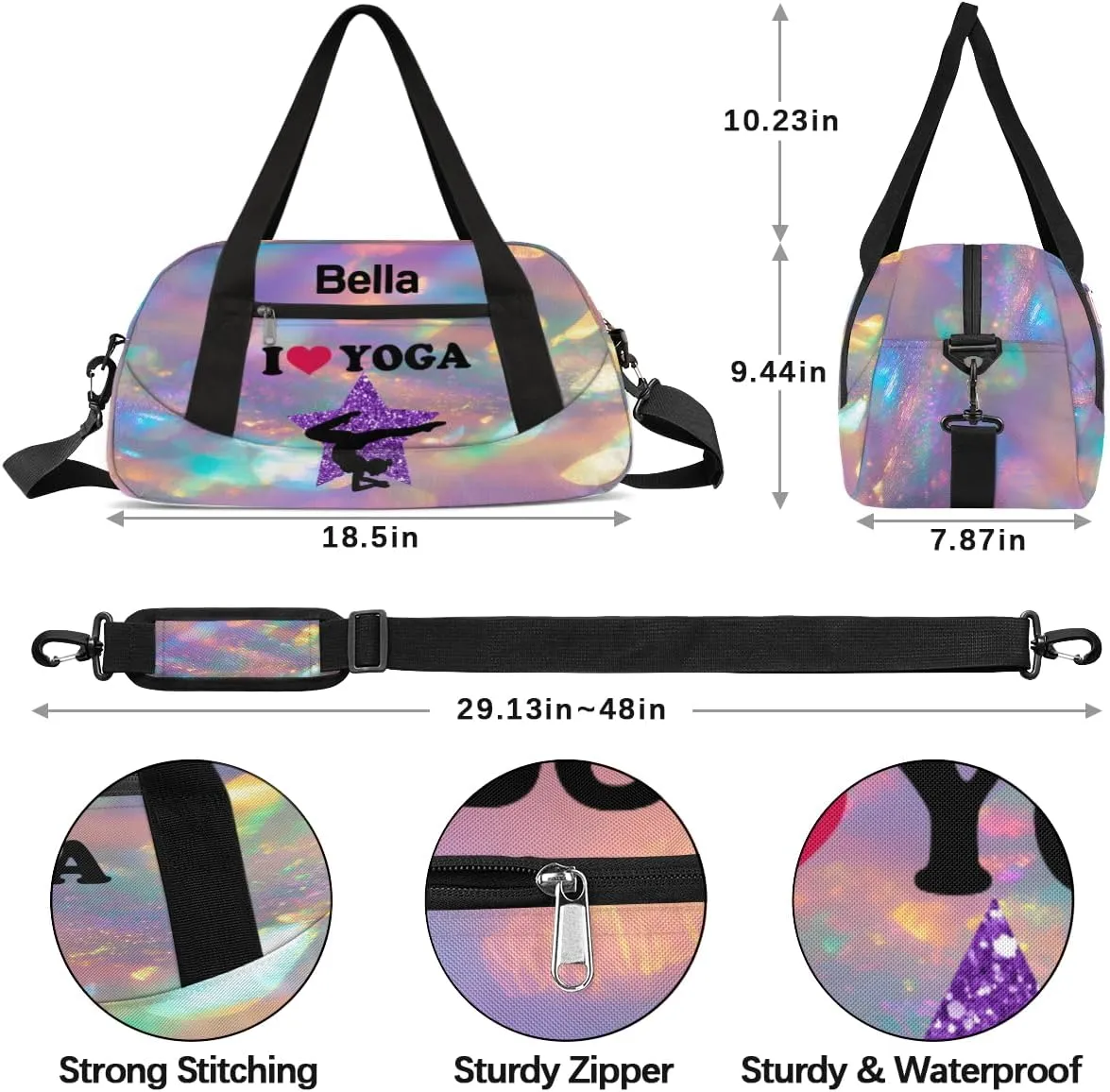 Custom Kids Sports Duffel Bag Iridexcent Glitter Love Yoga Personalized Dance Gym Bag for Boys Girls Lightweight Weekender Travel Duffle Cheer Bag