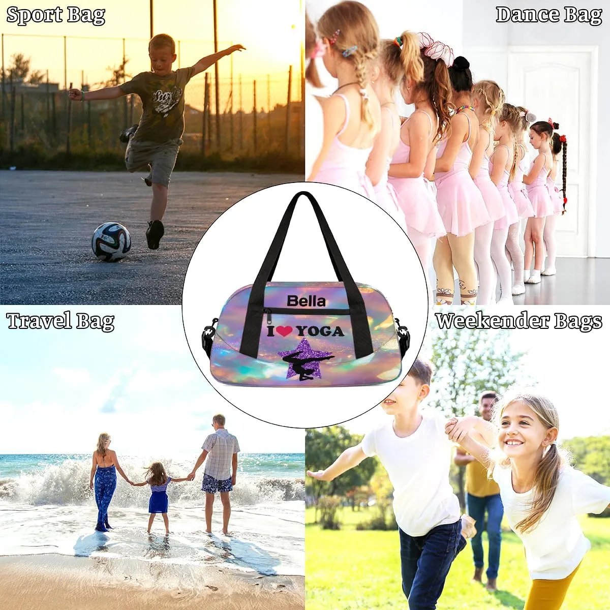 Custom Kids Sports Duffel Bag Iridexcent Glitter Love Yoga Personalized Dance Gym Bag for Boys Girls Lightweight Weekender Travel Duffle Cheer Bag